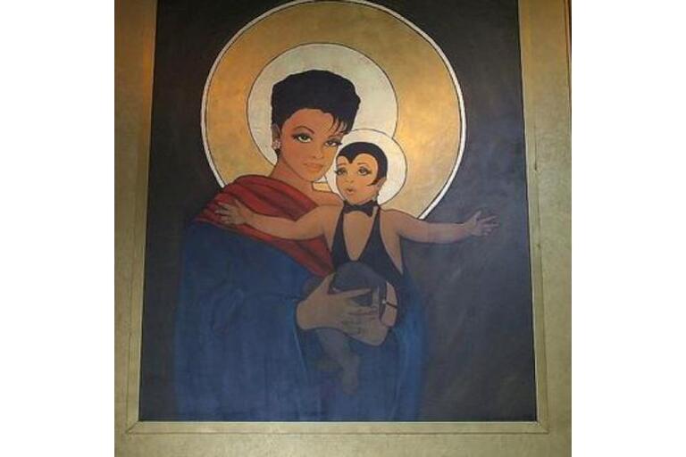 Image of a painting done in the style of Madonna and Child: A woman holds an infant who is dressed like Liza Minnelli in Cabaret.