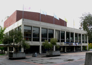 Exterior image of Zellerbach Auditorium. 