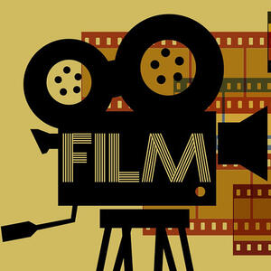 Vector logo of old fashioned celluloid film camera with FILM super imposed over the camera.