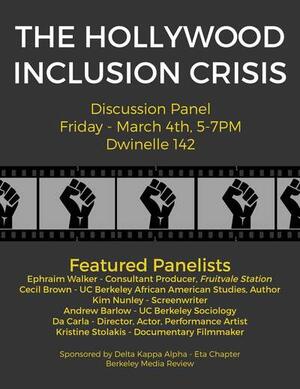  Hollywood Inclusion Crisis. Grey background with film strip vector art showing Black power fist. Listing of featured panelists in yellow text. 